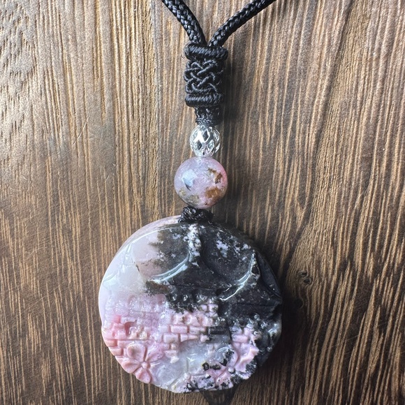 Jewelry - Icy Rhodonite Landscape and Flowers Pendant Necklace on Black Adjustable Rope